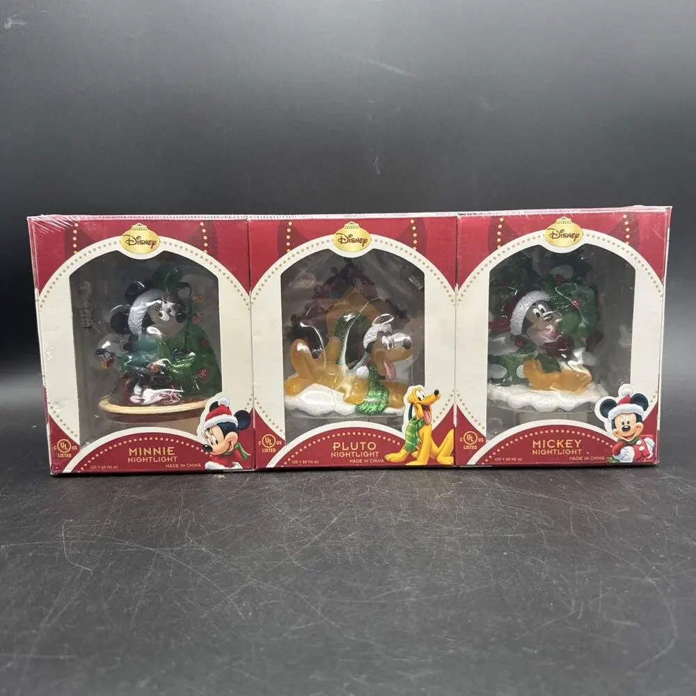 Disney Mickey & Friends Christmas Nightlights Mickey Minnie Pluto Set of 3 NEW